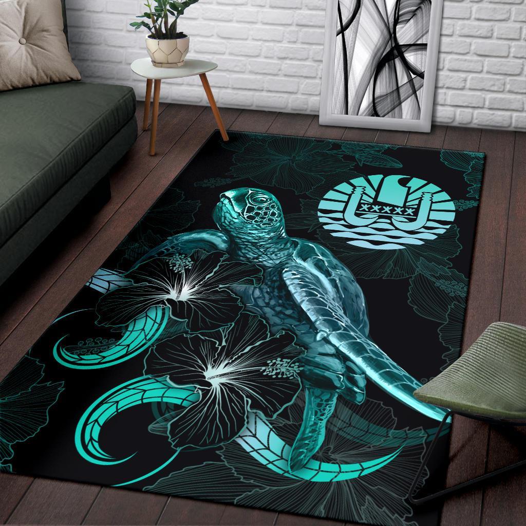 Tahiti Polynesian Area Rugs - Turtle With Blooming Hibiscus Turquoise - Polynesian Pride