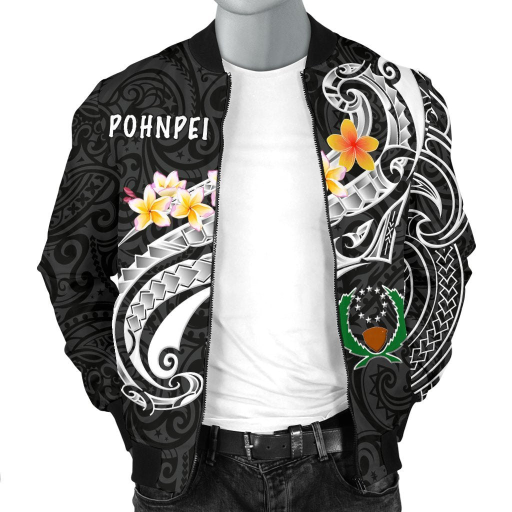 Pohnpei Men's Bomber Jacket - Pohnpei Seal Polynesian Patterns Plumeria (Black) - Polynesian Pride