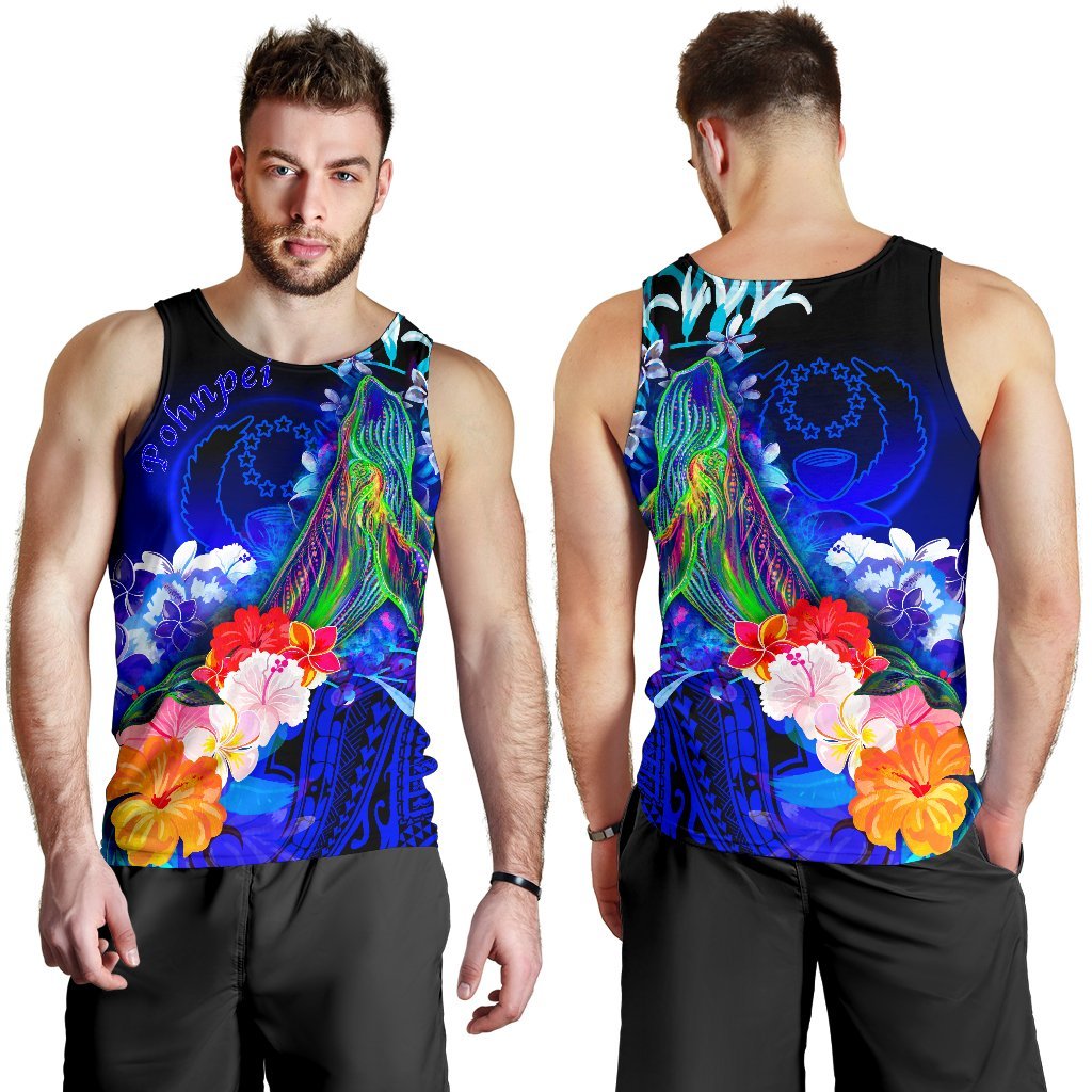 Pohnpei Men's Tank Top - Humpback Whale with Tropical Flowers (Blue) Blue - Polynesian Pride