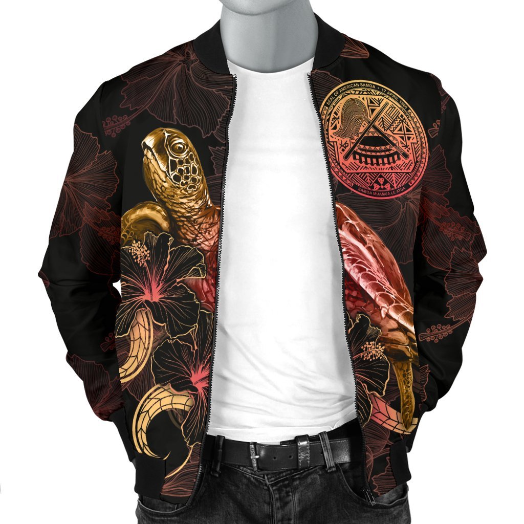 American Samoa Polynesian Men's Bomber Jacket - Turtle With Blooming Hibiscus Gold - Polynesian Pride