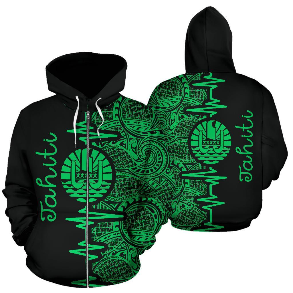 Tahiti Polynesian Zip up Hoodie Tahiti Flag Heartbeat Pattern Green Version TH0 Unisex Green - Polynesian Pride