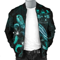 Fiji Polynesian Men's Bomber Jacket - Turtle With Blooming Hibiscus Turquoise - Polynesian Pride