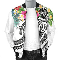 Tahiti Polynesian Men's Bomber Jacket - Summer Plumeria (White) - Polynesian Pride