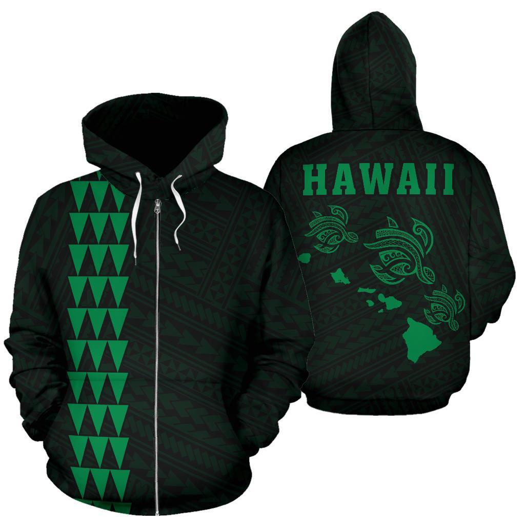 Polynesian Kakau Three Turtles Map of Hawaii Zip Hoodie Green Unisex Green - Polynesian Pride