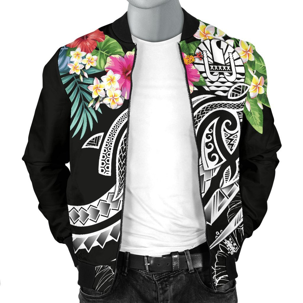 Tahiti Polynesian Men's Bomber Jacket - Summer Plumeria (Black) - Polynesian Pride