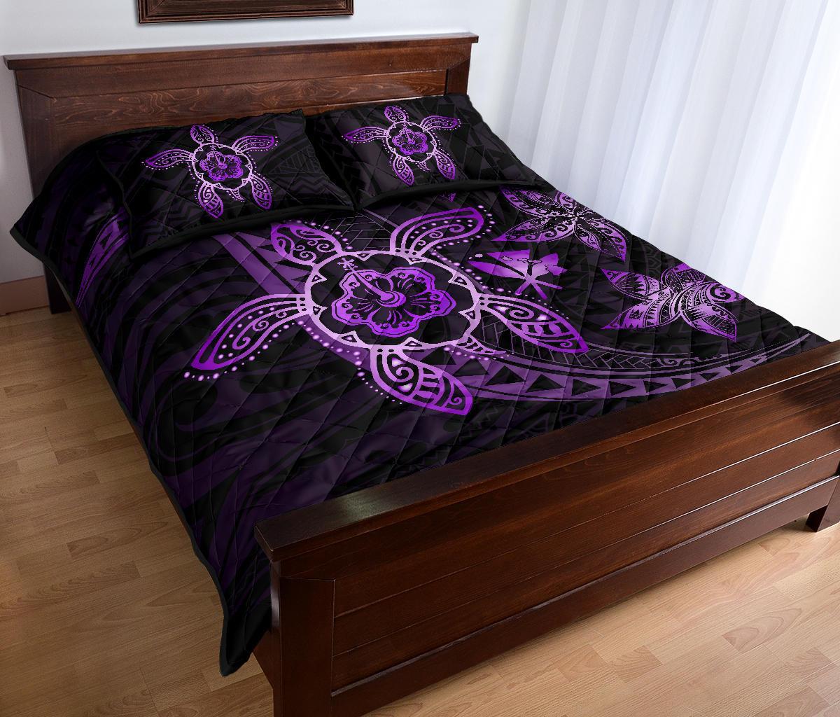 Kanaka Map Hibiscus Plumeria Turtle Art Violet Polynesian Quilt Bed Set - Polynesian Pride