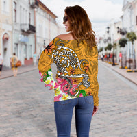Polynesian Women's Off Shoulder Sweater - Turtle Plumeria Gold Color - Polynesian Pride