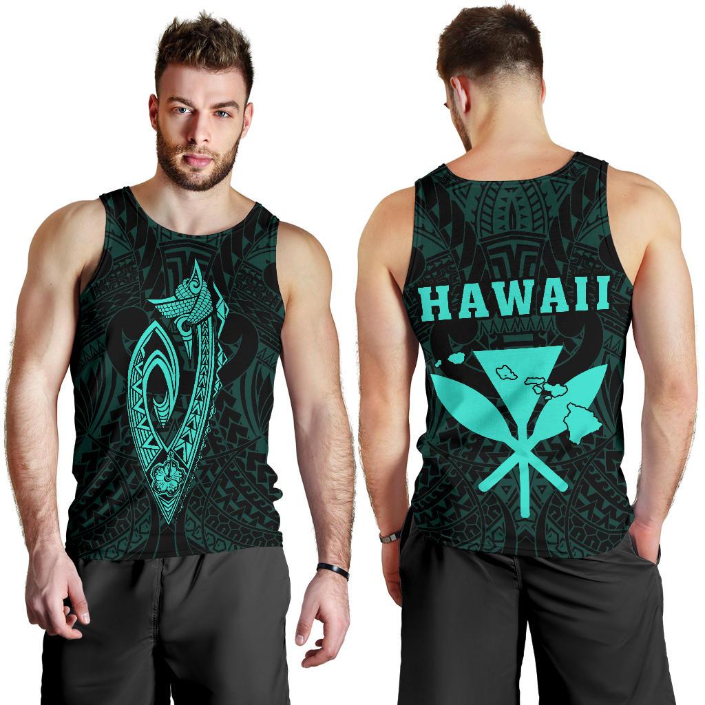 Hawaii Kakau Makau Fish Hook Kanaka Map Men's Tank Top Polynesian - Turquoise Turquoise - Polynesian Pride