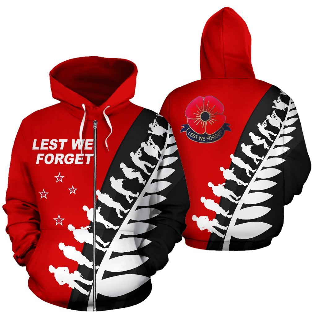 Lest We Forget Zipper Hoodie, Maori ANZAC Fern Zip up Hoodie Red - Polynesian Pride