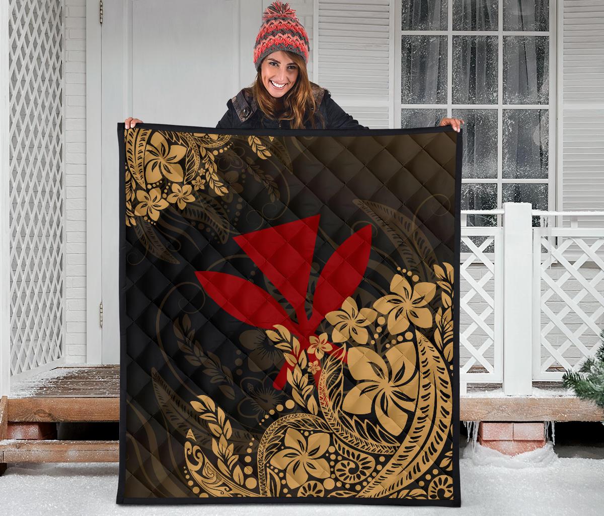 Hawaii Premium Quilt - Red Kanaka Maoli & Yellow Hibiscus Style - Polynesian Pride