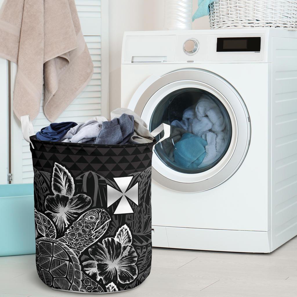Wallis And Futuna Laundry Basket - Polynesian Turtle Hibiscus Black - Polynesian Pride