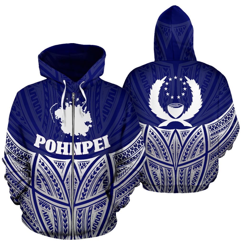 Pohnpei Polynesian Zip up Hoodie Blue Pride Map and Seal Unisex Blue - Polynesian Pride