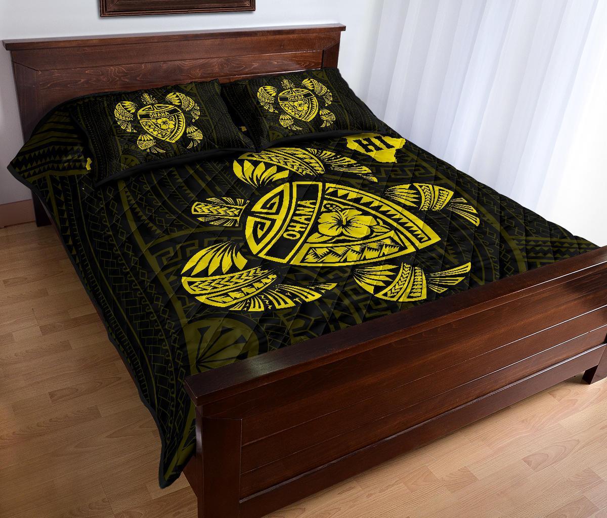 Hawaii Turtle Hibicus Map Quilt Bed Set - Yellow - Polynesian Pride