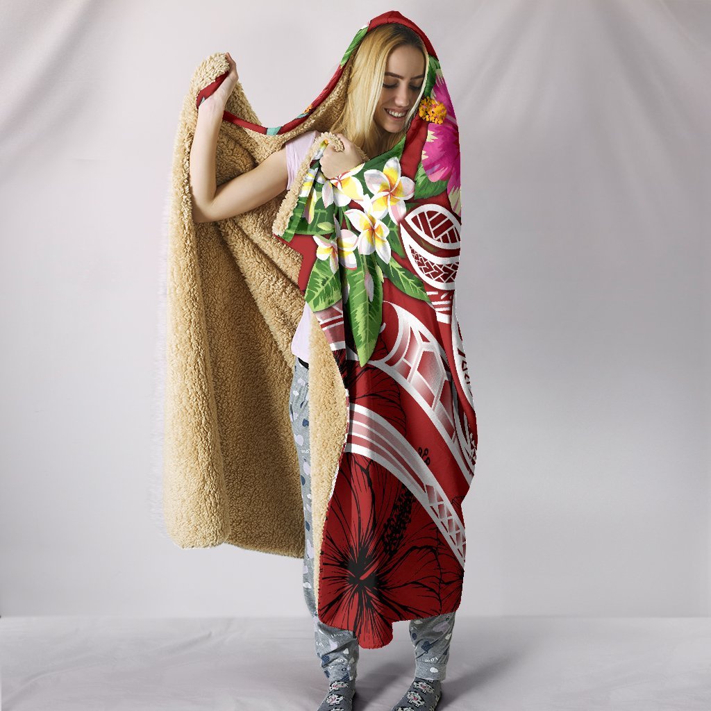 Wallis and Futuna Polynesian Hooded Blanket - Summer Plumeria (Red) - Polynesian Pride