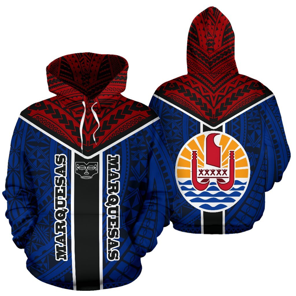 Marquesas Hoodie Maquesas Tiki Face Polynesian Tattoo and Flag Unisex Blue - Polynesian Pride