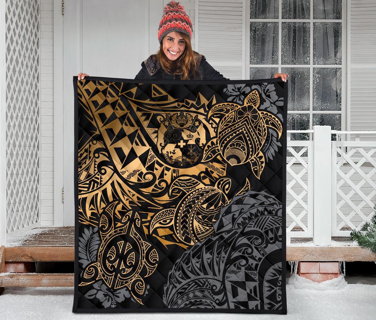 Tonga Polynesian Premium Quilt - Gold Turtle Flowing - Polynesian Pride