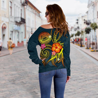 American Samoa Polynesian Personalised Off Shoulder Sweater - Legend of American Samoa (Blue) - Polynesian Pride