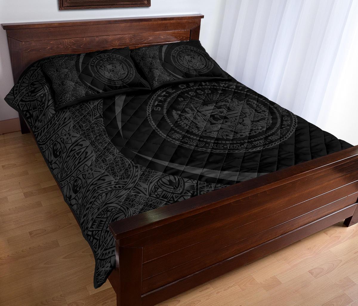 Hawaii Coat Of Arms Polynesian Quilt Bed Set - Circle Style Grey - Polynesian Pride