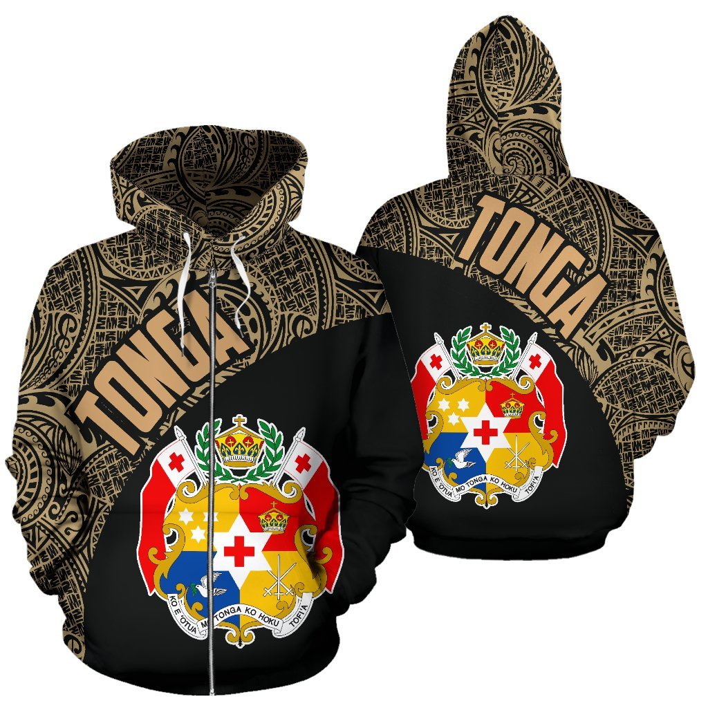Tonga Zip up Hoodie Tonga Coat of Arms Polynesian Tattoo Gold Unisex Black - Polynesian Pride