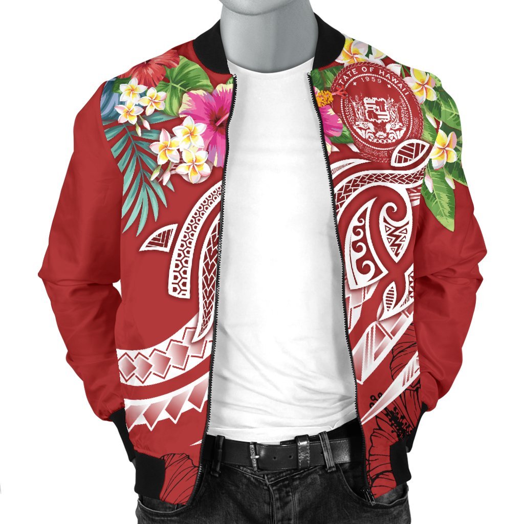 Polynesian Hawaii Men's Bomber Jacket - Summer Plumeria (Red) - Polynesian Pride