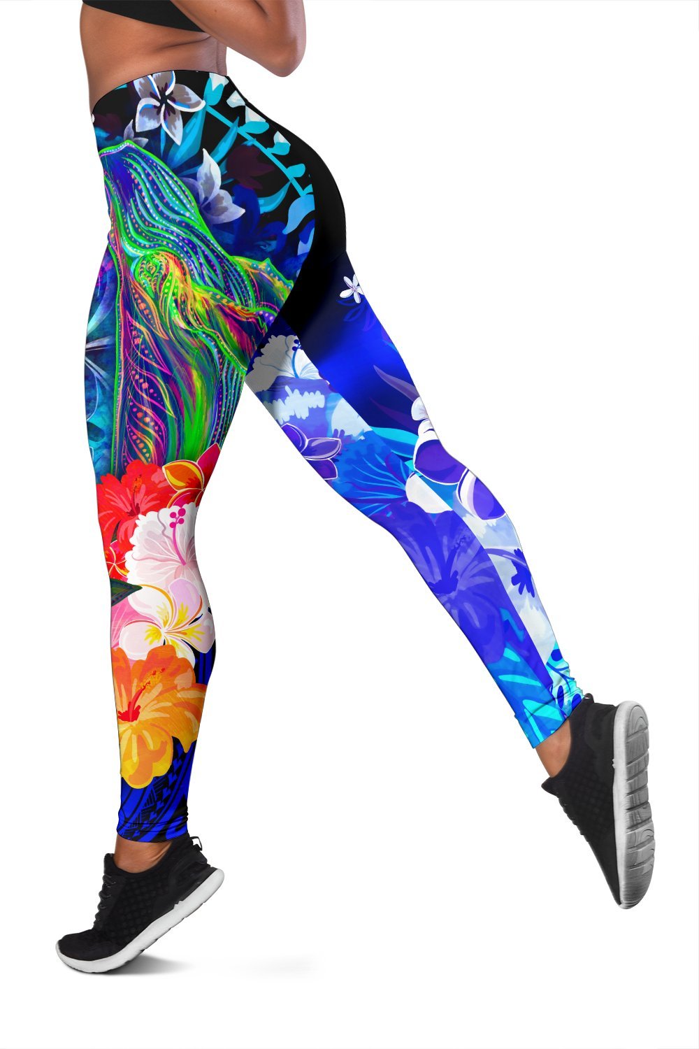 Polynesian Hawaii Custom Personalised Women's Leggings - Humpback Whale with Tropical Flowers (Blue) - Polynesian Pride
