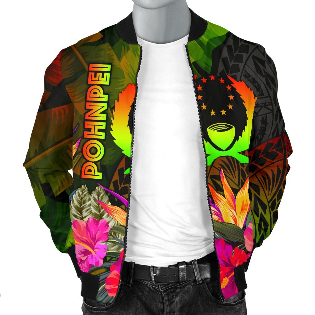 Pohnpei Polynesian Men's Bomber Jacket - Hibiscus and Banana Leaves - Polynesian Pride