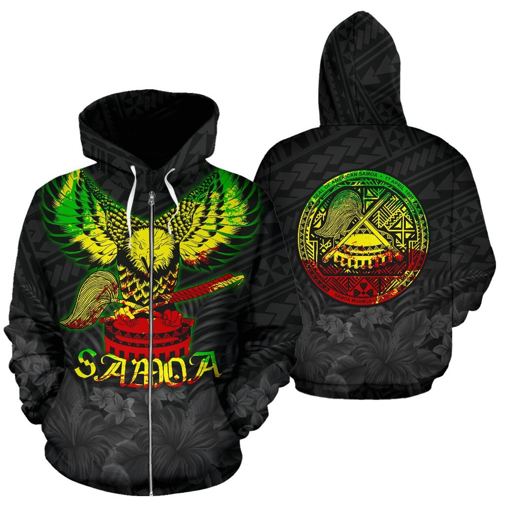 American Samoa Eagle With Seal Zip Hoodie Rasta Unisex Black - Polynesian Pride