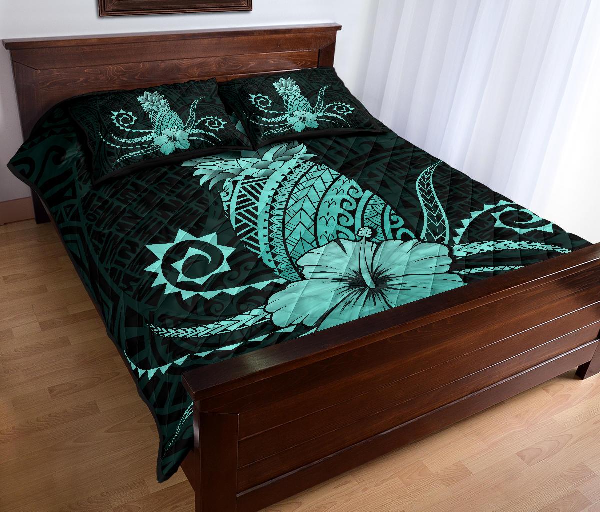 Hawaii Polynesian Pineapple Hibiscus Quilt Bed Set - Zela Style Turquoise - Polynesian Pride