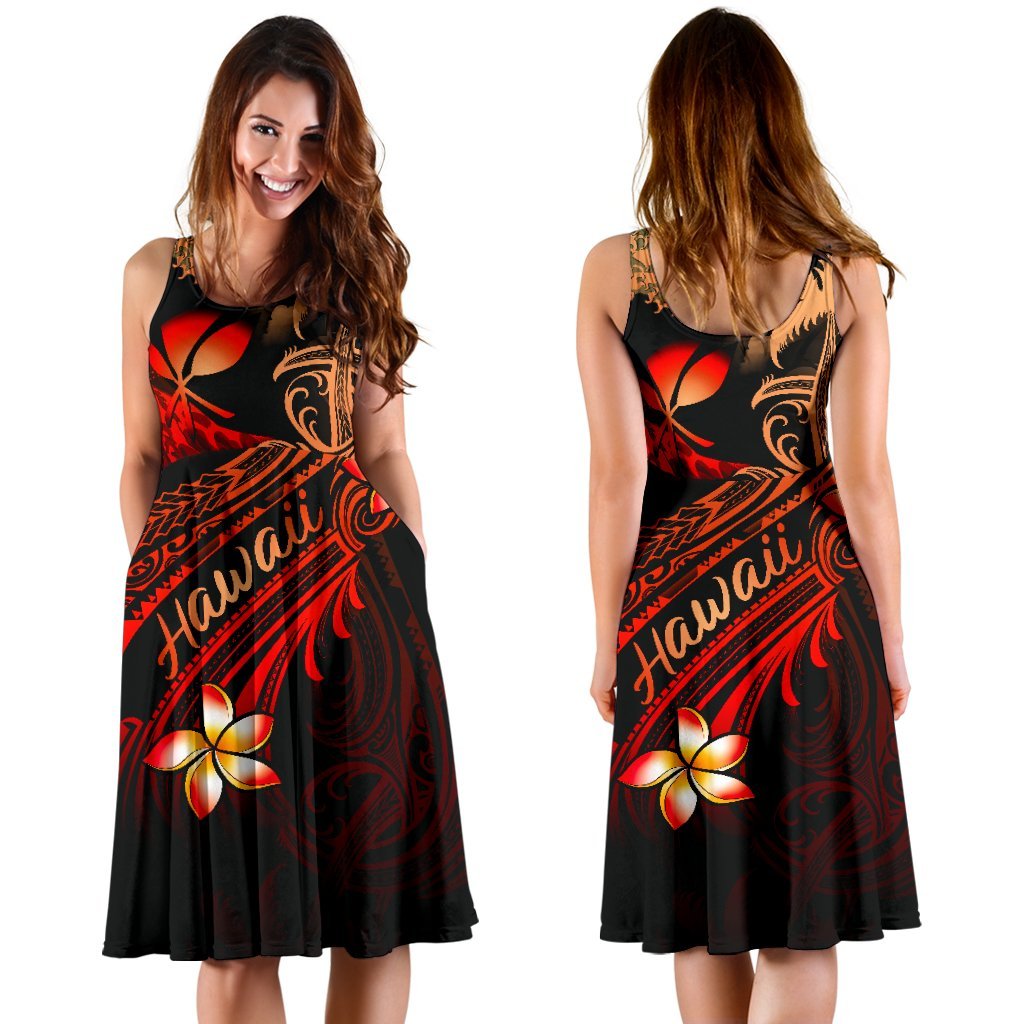 Hawaii Polynesian Midi Dress - Plumeria Flowers And Waves - Polynesian Pride