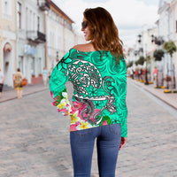 Polynesian Women's Off Shoulder Sweater - Turtle Plumeria Turquoise Color - Polynesian Pride