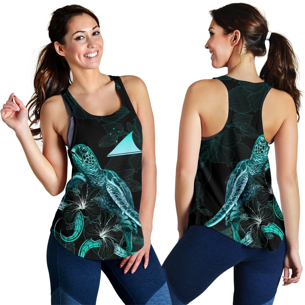 Tokelau Polynesian Women Tank Top - Turtle With Blooming Hibiscus Turquoise - Polynesian Pride