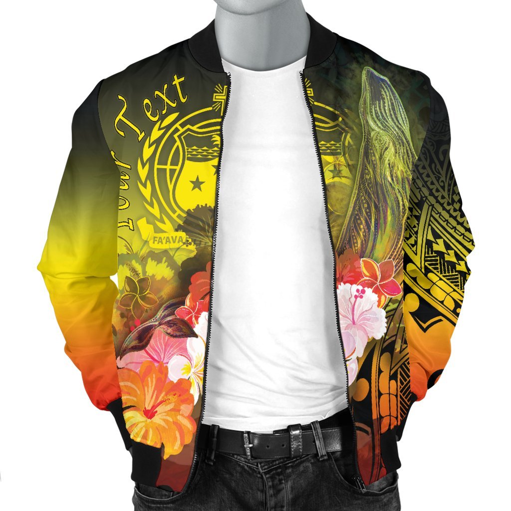 Custom Personalised Samoa Men's Bomber Jacket- Humpback Whale with Tropical Flowers (Yellow) - Polynesian Pride