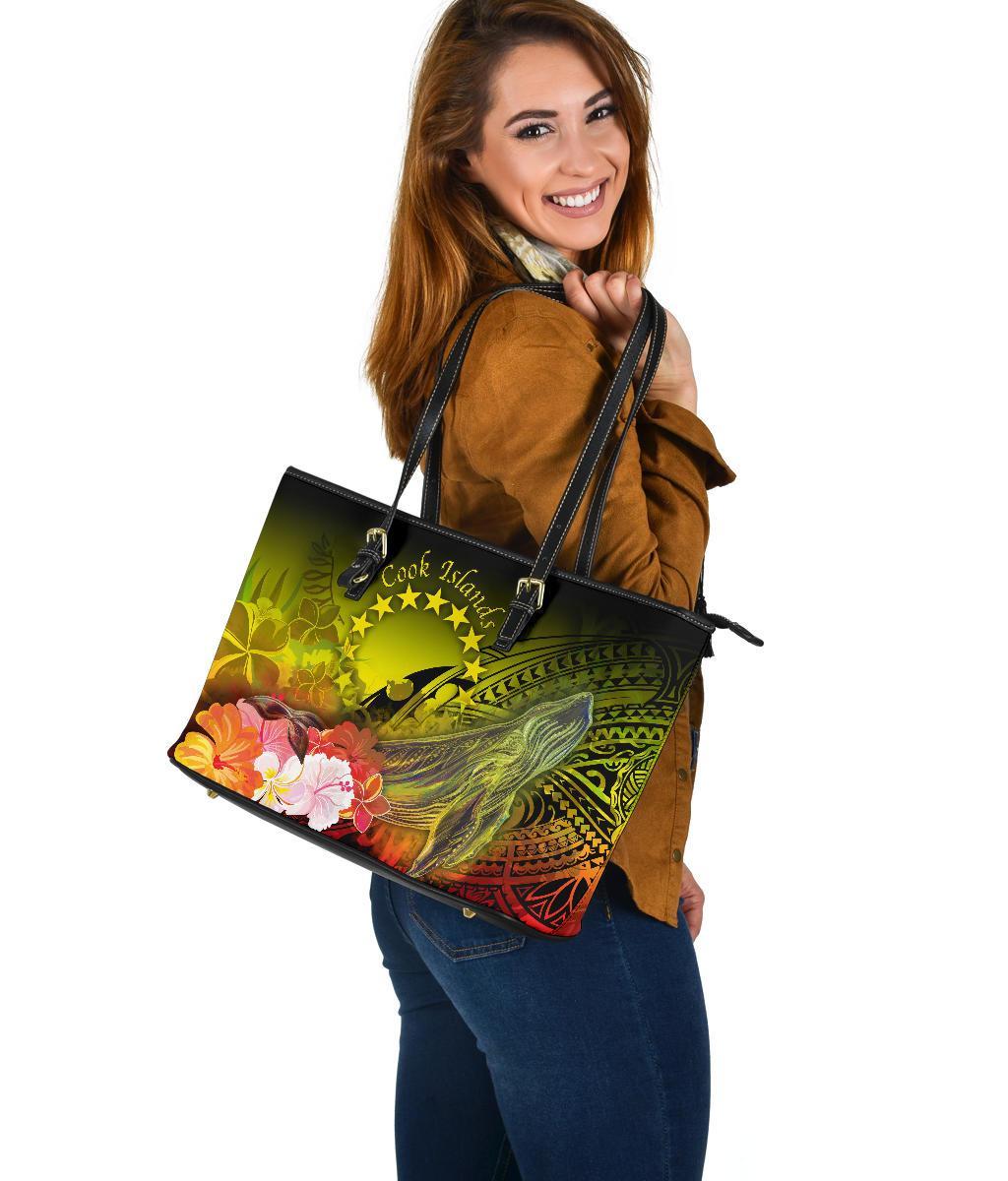 Cook Islands Large Leather Tote Bag - Humpback Whale with Tropical Flowers (Yellow) - Polynesian Pride