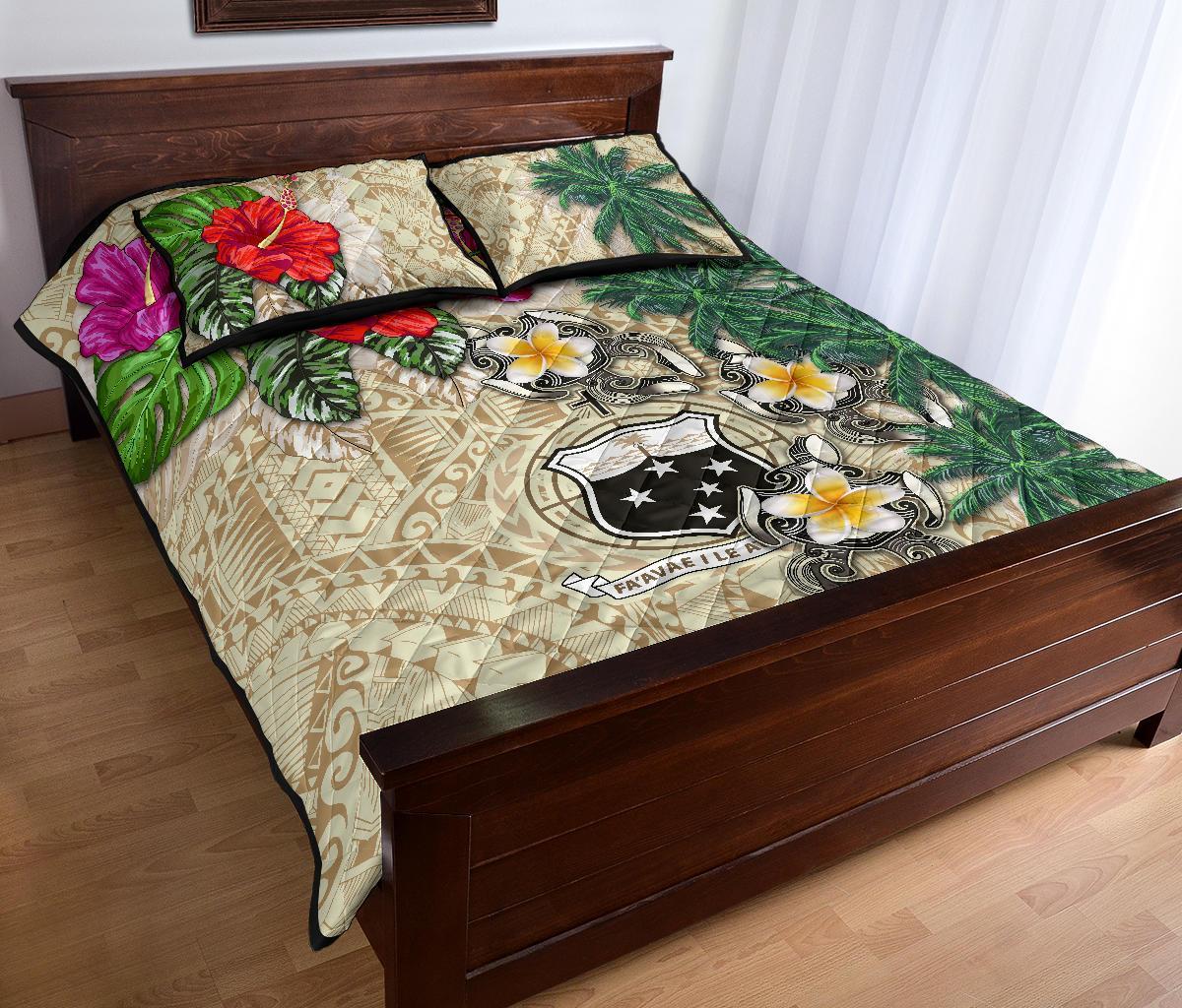 Samoa Polynesian Quilt Bed Set - Hibiscus Turtle Tattoo Beige - Polynesian Pride