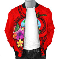 Guam Polynesian Men's Bomber Jacket - Floral With Seal Red - Polynesian Pride