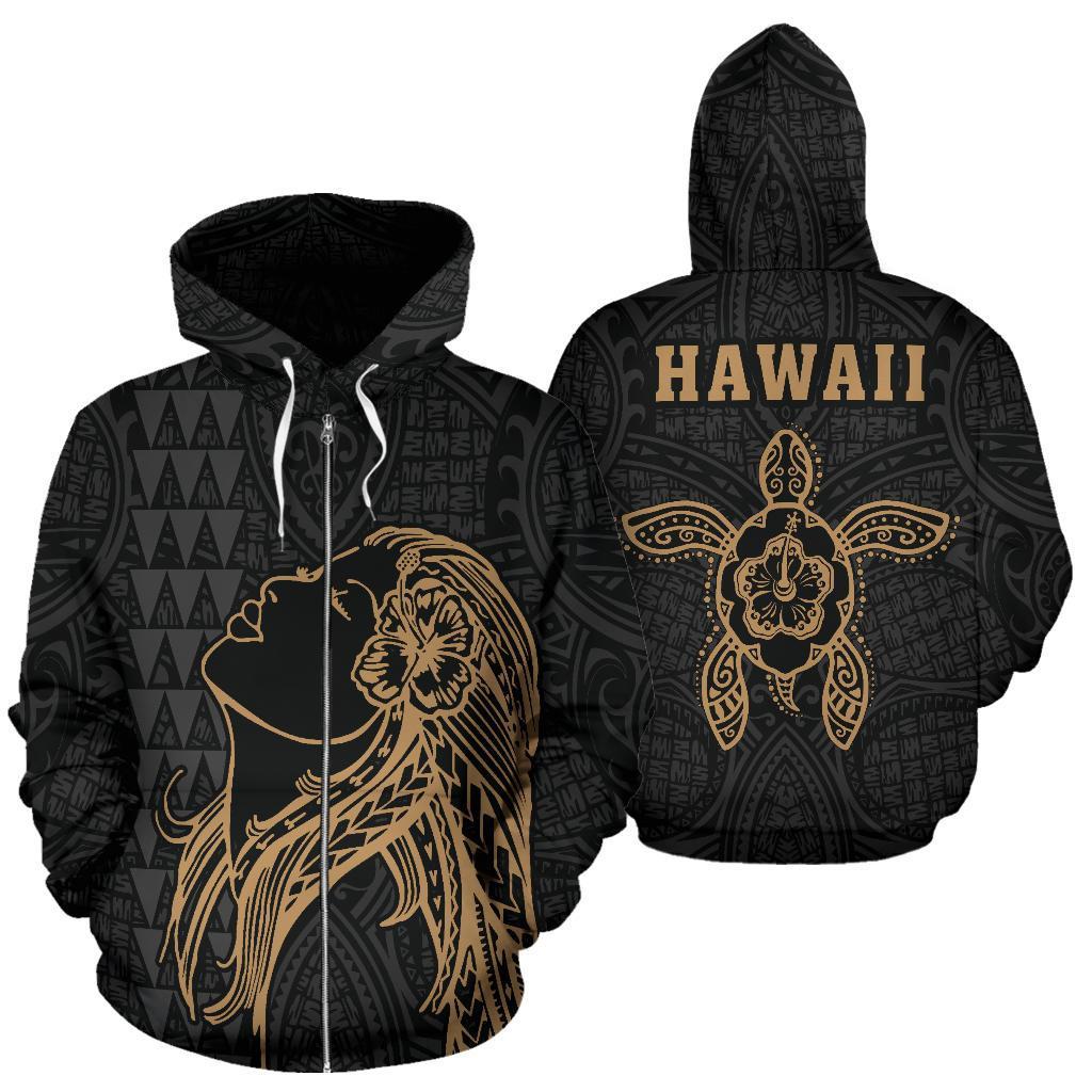 Polynesian Kakau Hula Girl Turtle Hibiscus Hawaii Zip Hoodie Gold Unisex Gold - Polynesian Pride
