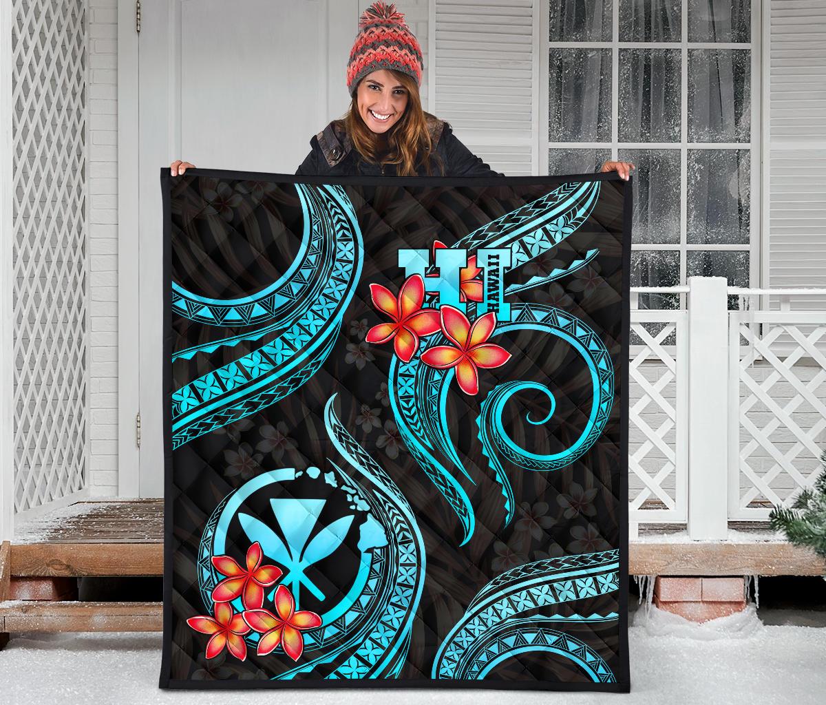 Polynesian Hawaii Premium Quilt - Turquoise Plumeria - Polynesian Pride