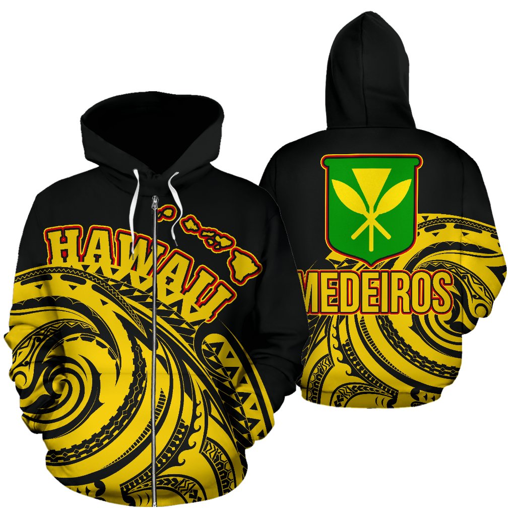 Polynesian Medeiros Kanaka Maoli Map of Hawaii Zip Hoodie Tatau Style Unisex Black - Polynesian Pride
