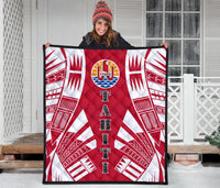 Tahiti Premium Quilt - Tahiti Flag Polynesian White Tattoo (Red) - Polynesian Pride