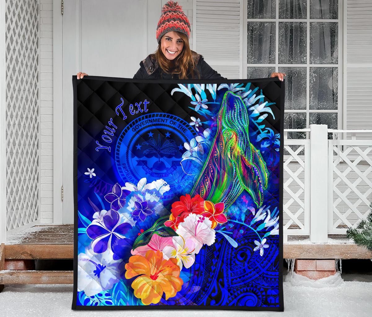 Federated States of Micronesia Custom Personalised Premium Quilt - Humpback Whale with Tropical Flowers (Blue) - Polynesian Pride