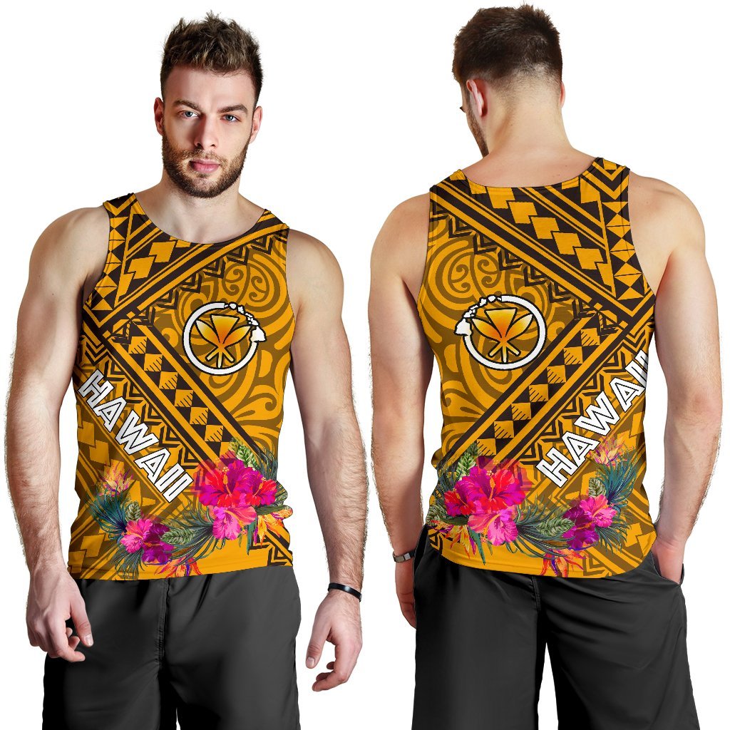 Hawaii Men's Tank Top - Kanaka Maoli With Hibiscus On Polynesian Patterns (YELLOW) - Polynesian Pride
