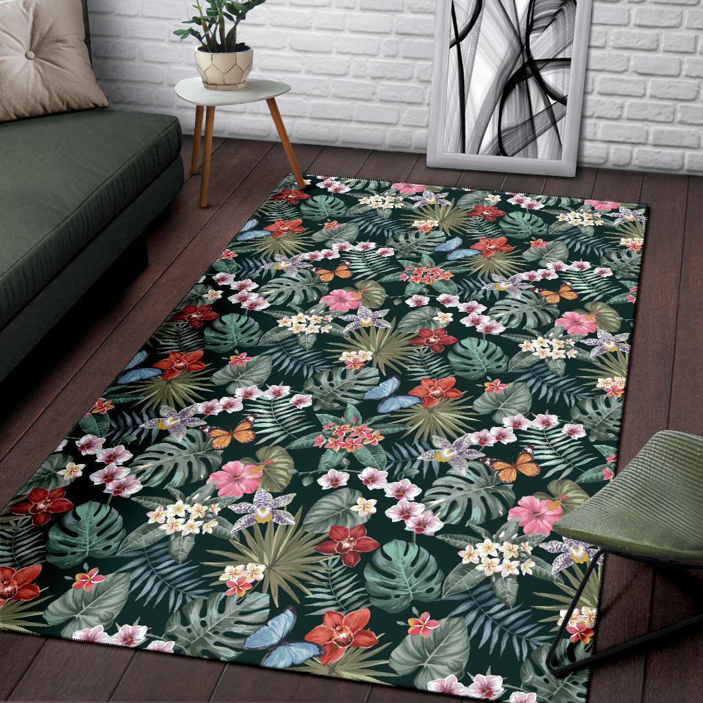 Tropical Plumeria Pattern With Palm Leaves Rug - Polynesian Pride