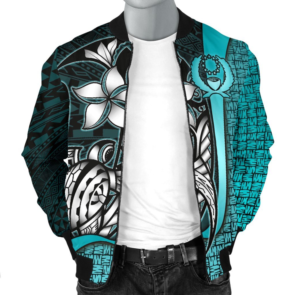 Pohnpei Micronesia Men's Bomber Jackets Turquoise - Turtle With Hook - Polynesian Pride