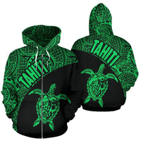 Tahiti Zip up Hoodie Tahiti Turtle Mermaid Polynesian Tattoo Green Version Unisex Black - Polynesian Pride