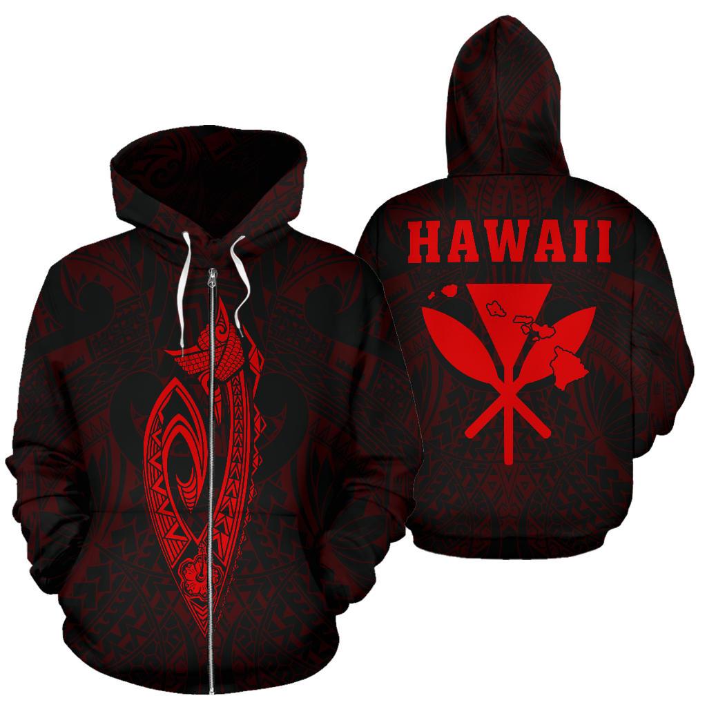 Polynesian Fish Hook Kanaka Map of Hawaii Zip Hoodie Red Unisex Red - Polynesian Pride