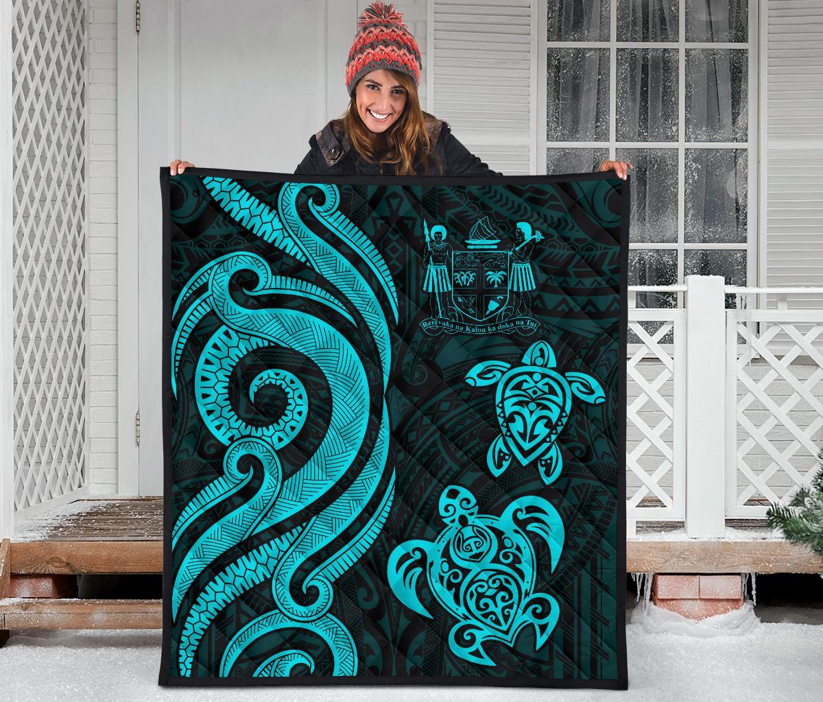 Fiji Polynesian Premium Quilt - Turquoise Tentacle Turtle Crest - Polynesian Pride