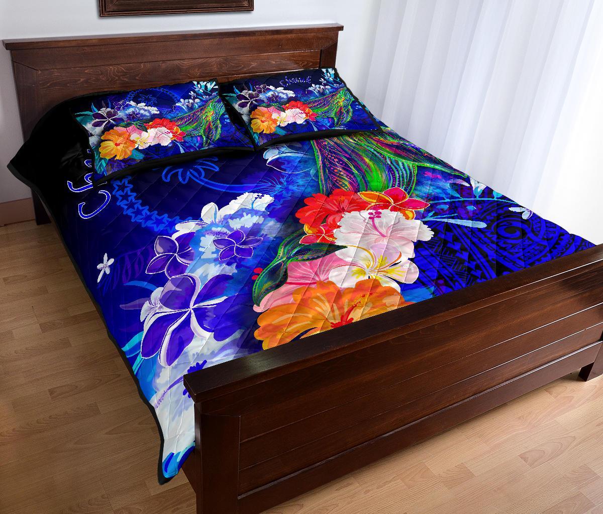 Chuuk Quilt Bed Set - Humpback Whale with Tropical Flowers (Blue) - Polynesian Pride