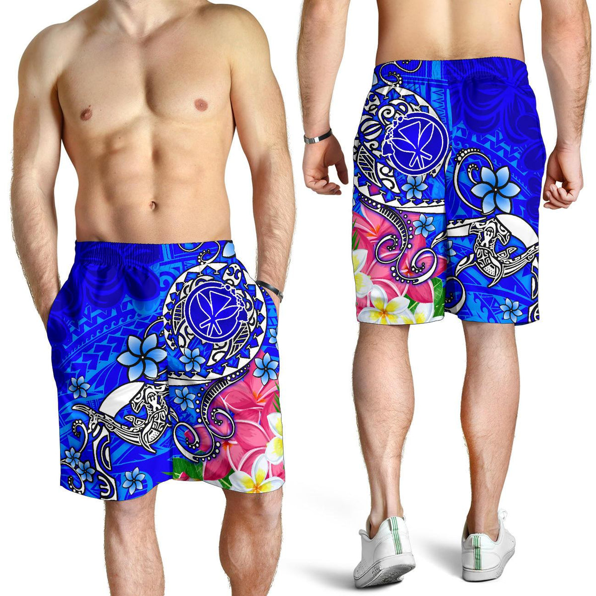 Hawaii Men's Shorts - Turtle Plumeria Polynesian Tattoo Blue Color - Polynesian Pride