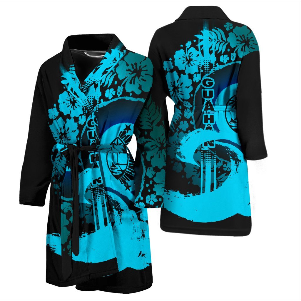 Guam Men's Bathrobe - Hibiscus And Wave Navy - Polynesian Pride