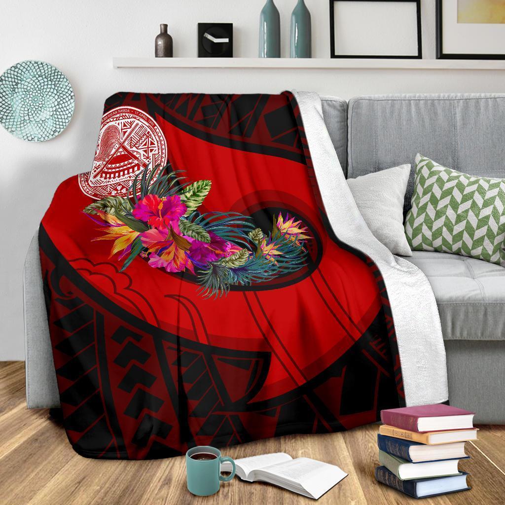 American Samoa Premium Blanket - Polynesian Hook And Hibiscus (Red) - Polynesian Pride